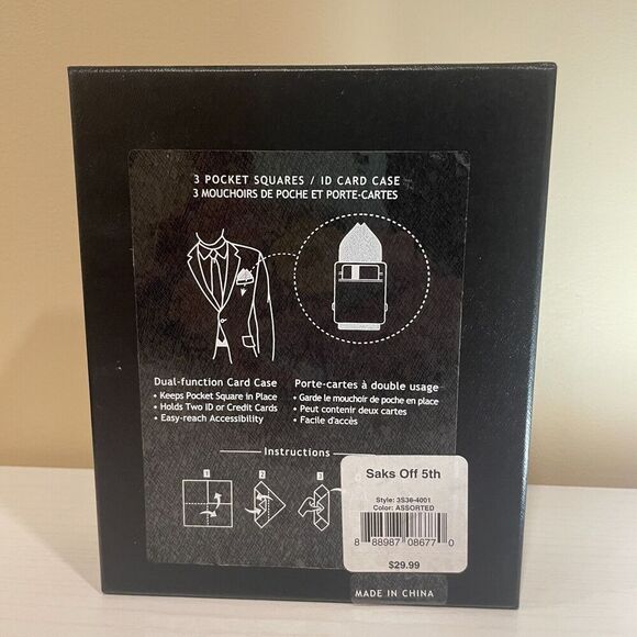 Saks Fifth Avenue Gift Set - 3 Assorted Pocket Squares and ID Card Case - New - Picture 3 of 4